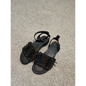 OTBT Voyage Black Leather Woven Fringe Flat Sandals 6M 17F935